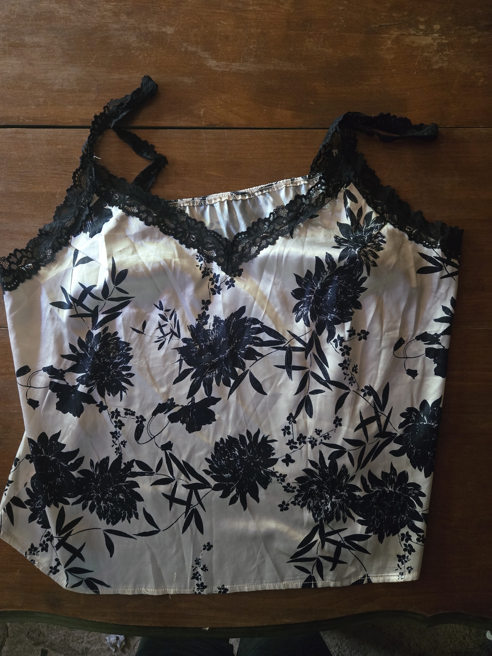 Black & White Floral Lace-Trim Camisole Top